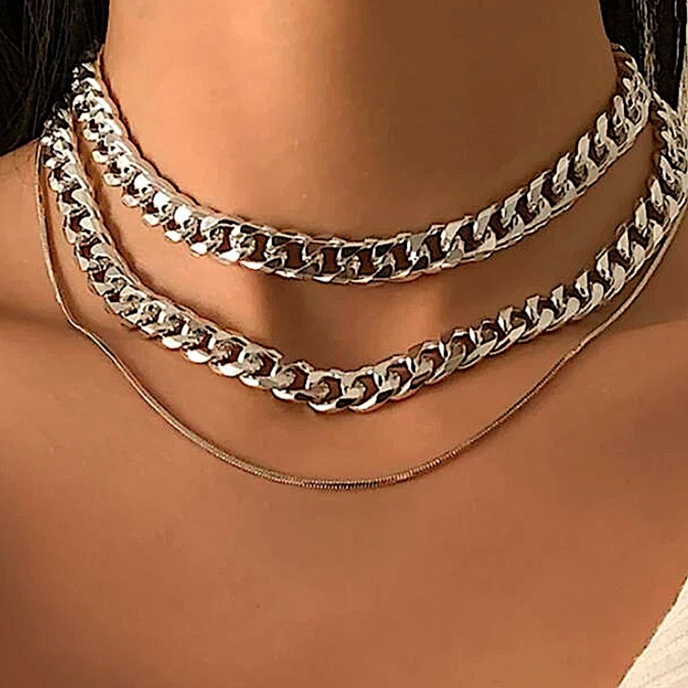 Silver Cuban Chain Link Multilayer Choker Necklace Set